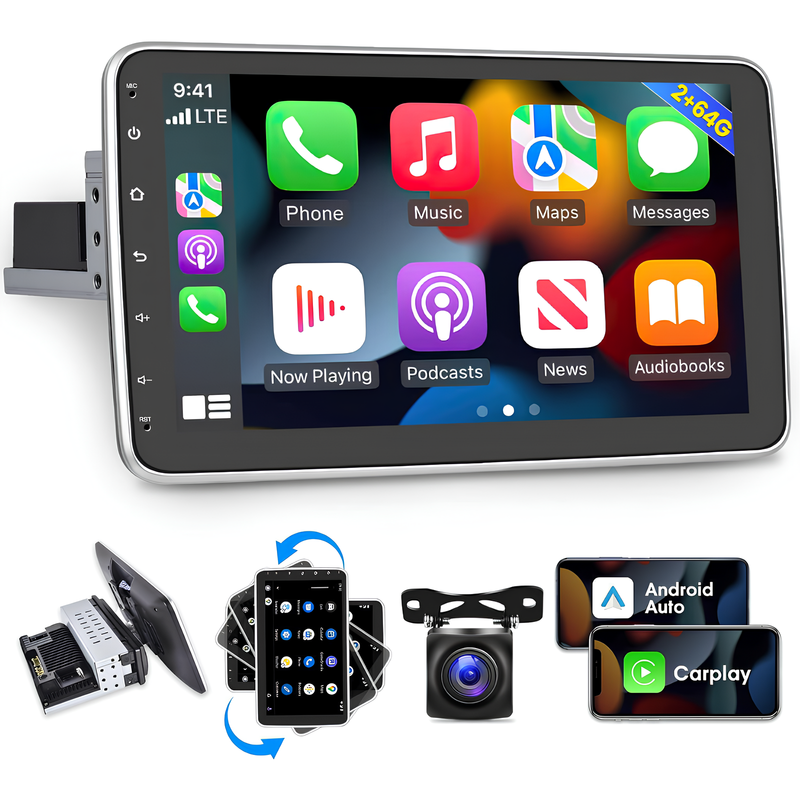 Multimídia 1 DIN Universal V2 Octa 4G Rotativa 10" + Câmera de Ré