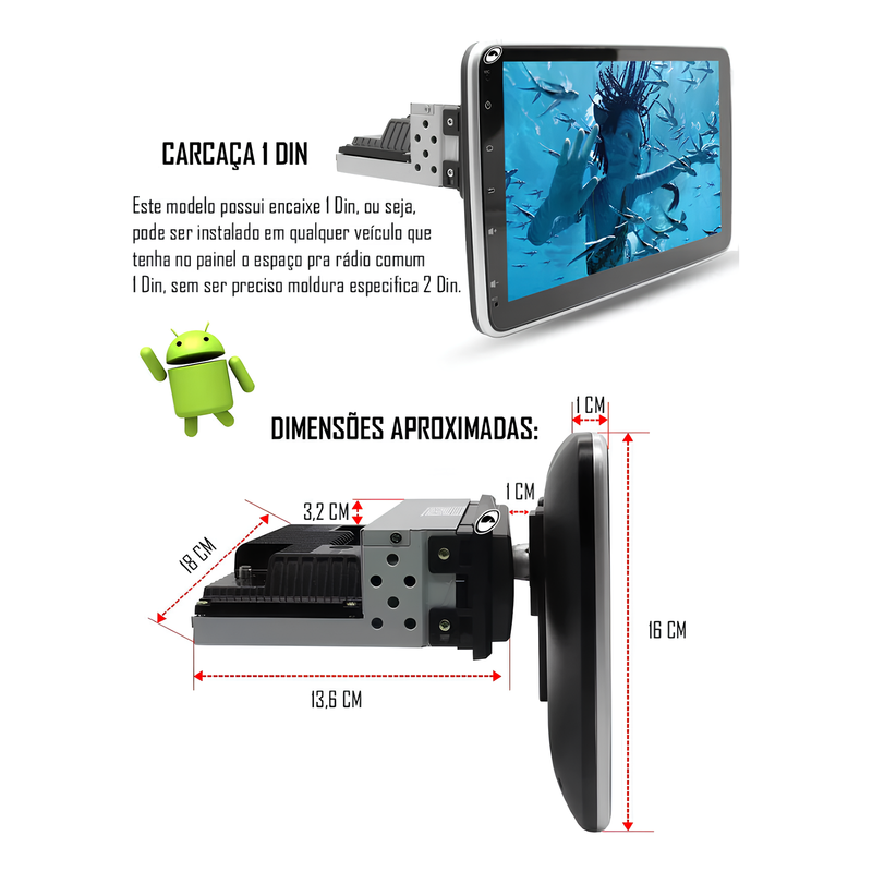 Multimídia 1 DIN Universal V2 Octa 4G Rotativa 10" + Câmera de Ré